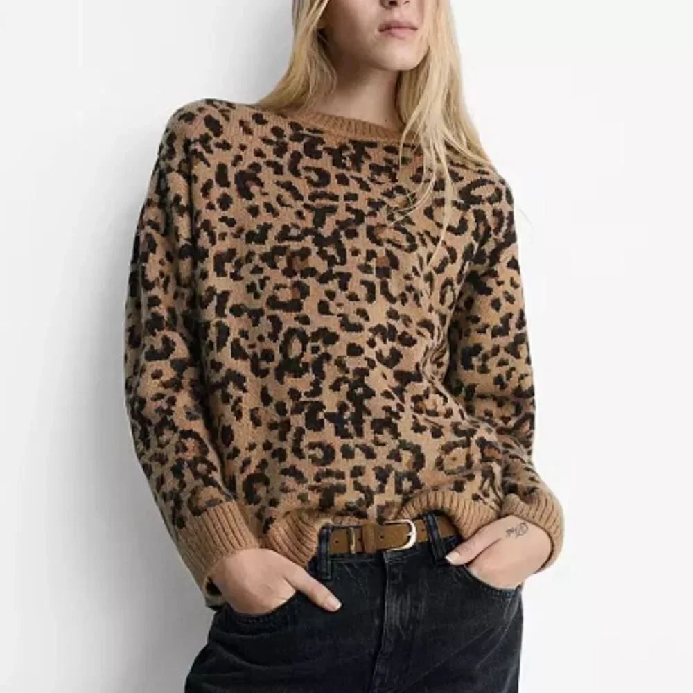 Mango Leopard Print Crew Neck Oversized Sweater(Size Small)